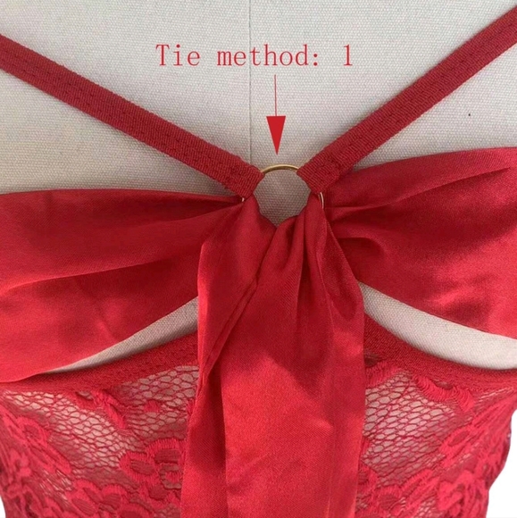 Wine Red Lace Open Crotch & Open Cup W/Satin Tie Bow Bust Bodysuit Lingerie (OS) - Picture 9 of 12